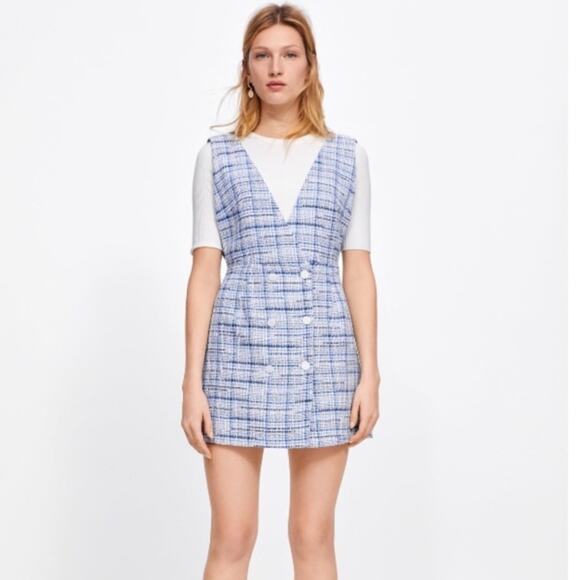 Zara Blue Overall Tweed Plaid Pinafore Mini Dress Size M - Picture 4 of 16